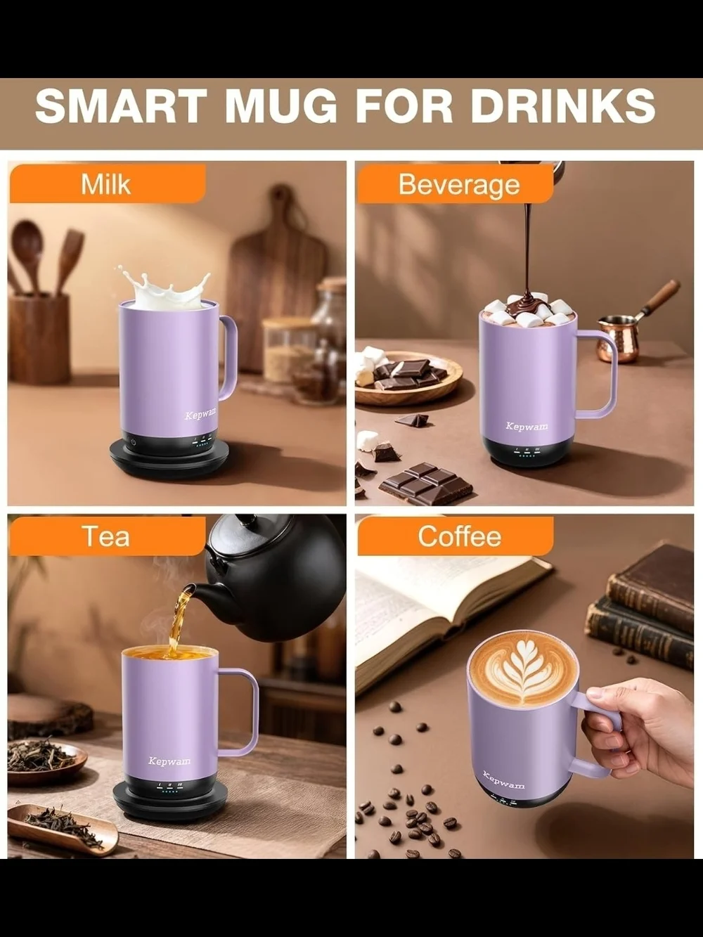 Kepwam Purple 16oz Rechargeable Self-Heating Coffee Mug with App Control Temp